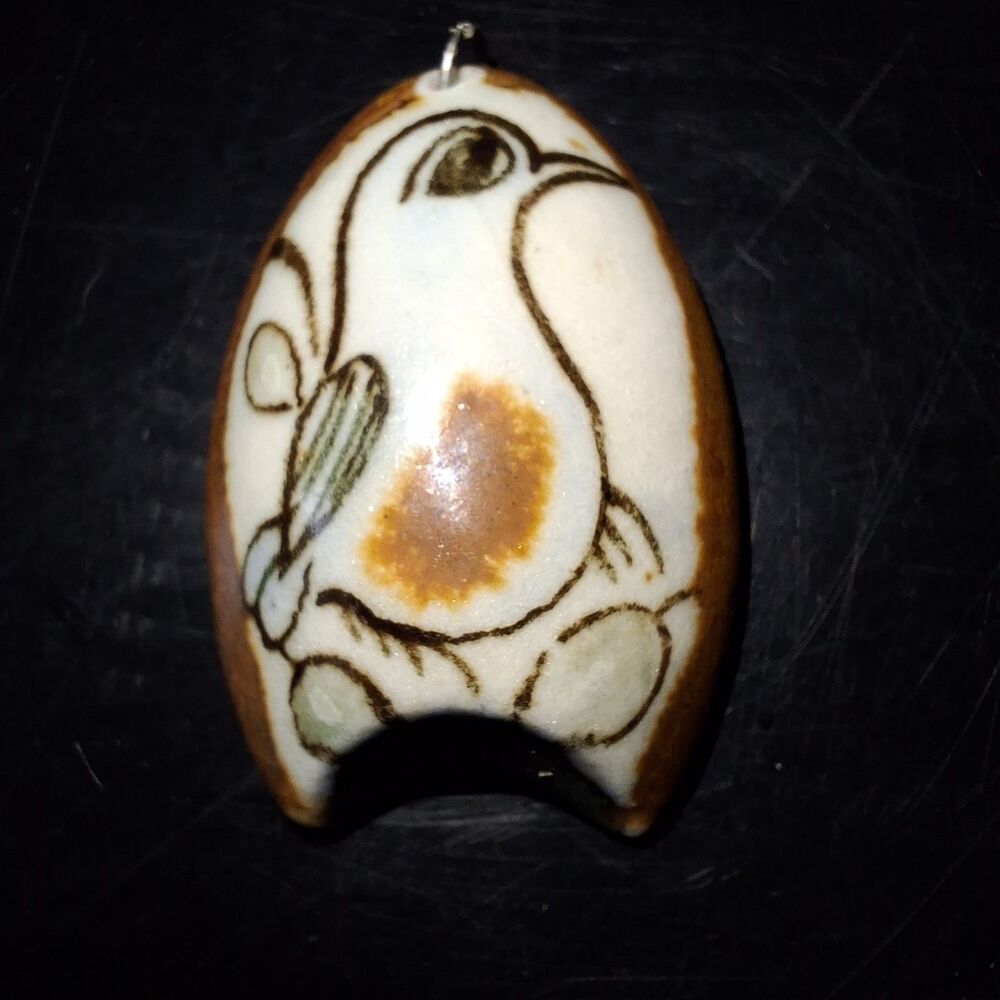 Vintage Ken Edwards Tonala Mexico Glazed Pottery Bird Pendant Charm Signed Art